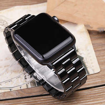 Sanzhu ceramic watch strap showcasing a sleek black ceramic strap on a smartwatch, unisex design for all.