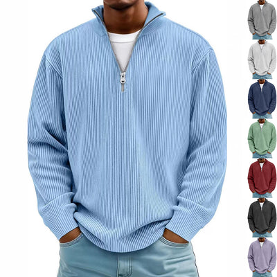 men's casual sweatshirt in sky blue corduroy with zipper stand collar, featuring various color options on the side.